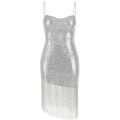 Flirty Fringe Hem Sequin Detail Sweetheart Neck Slip Mini Dress - Silver