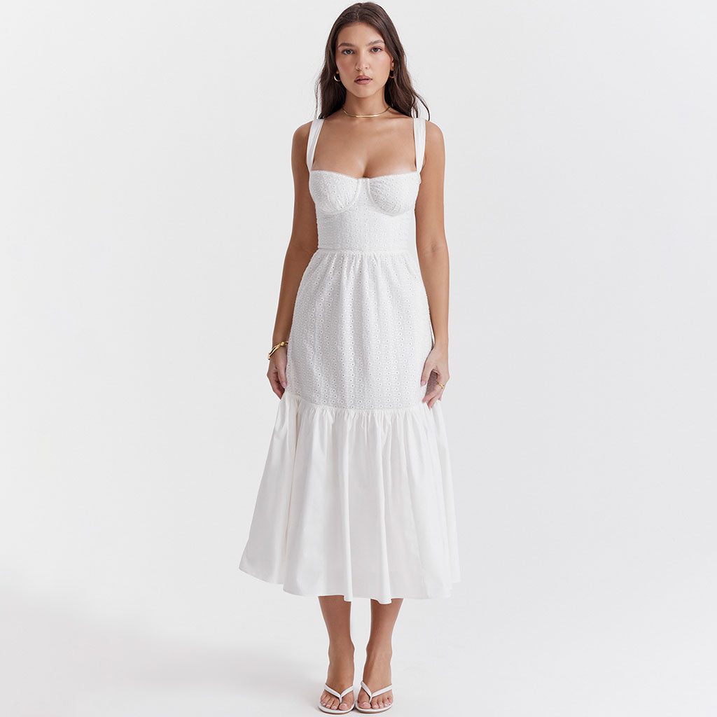 Floaty Sweetheart Neck Pocket Side Fit & Flare Broderie Anglaise Midi Sundress