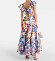 Vestido largo con vuelo y cuentas florales