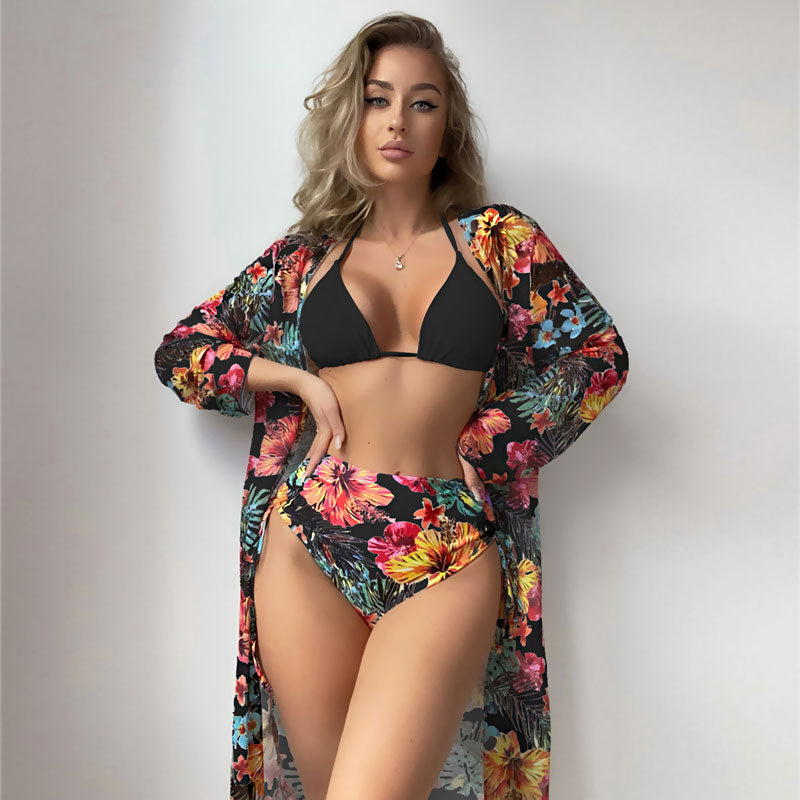 Traje de baño bikini brasileño de tres piezas con cintura alta y contraste floral