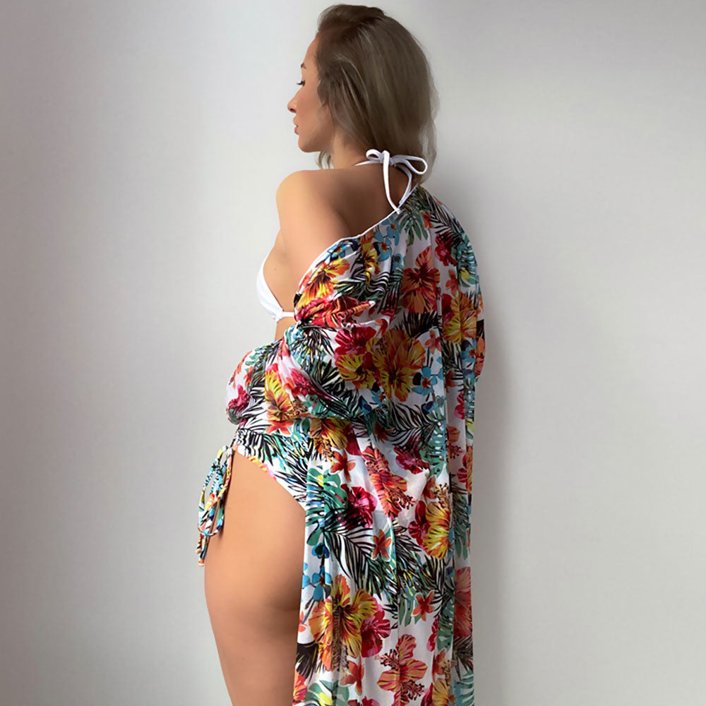 Traje de baño bikini brasileño de tres piezas con cintura alta y contraste floral