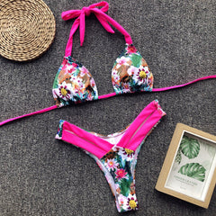 Floral High Leg Slide Triangle Halter Brazilian Two Piece Bikini Swimsuit