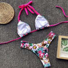 Floral High Leg Slide Triangle Halter Brazilian Two Piece Bikini Swimsuit