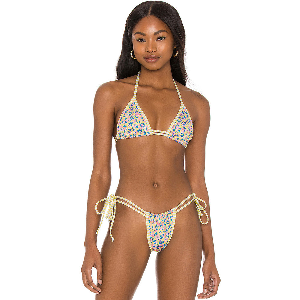 Floral Print Double Strappy Slide Triangle Brazilian Two Piece Bikini Swimsuit