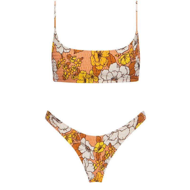 Brasilianischer zweiteiliger Bikini-Badeanzug mit Blumenmuster, hohem Ausschnitt und gerafftem Bralette