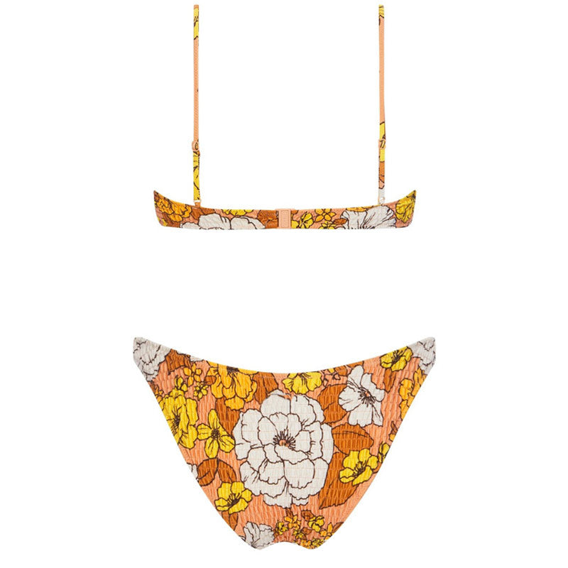 Brasilianischer zweiteiliger Bikini-Badeanzug mit Blumenmuster, hohem Ausschnitt und gerafftem Bralette