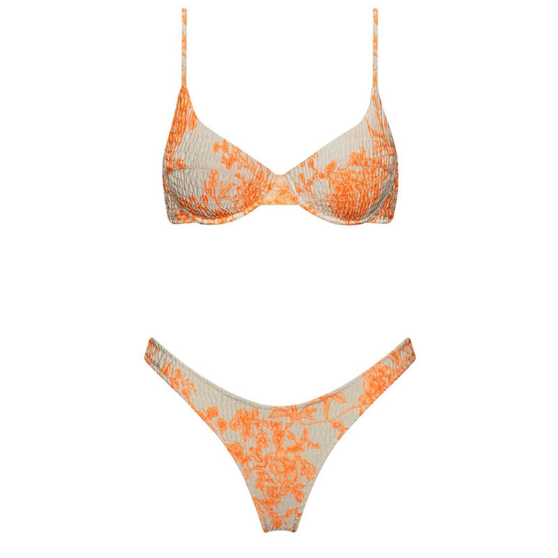 Traje de baño bikini brasileño de dos piezas con aros, fruncido y corte alto con estampado floral