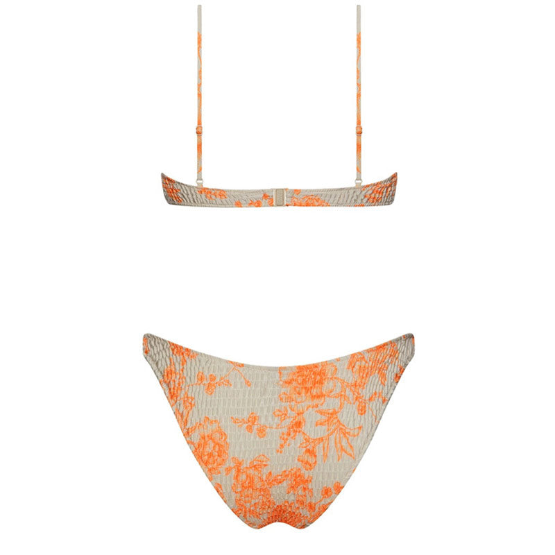 Traje de baño bikini brasileño de dos piezas con aros, fruncido y corte alto con estampado floral