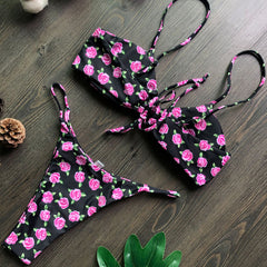 Traje de baño bikini brasileño de dos piezas con nudo frontal y estampado floral