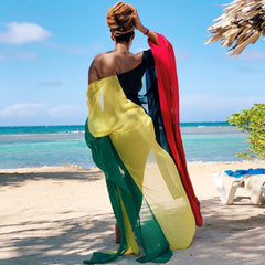 Vestido playero de gasa de manga larga con paneles de colores del arcoíris fluidos