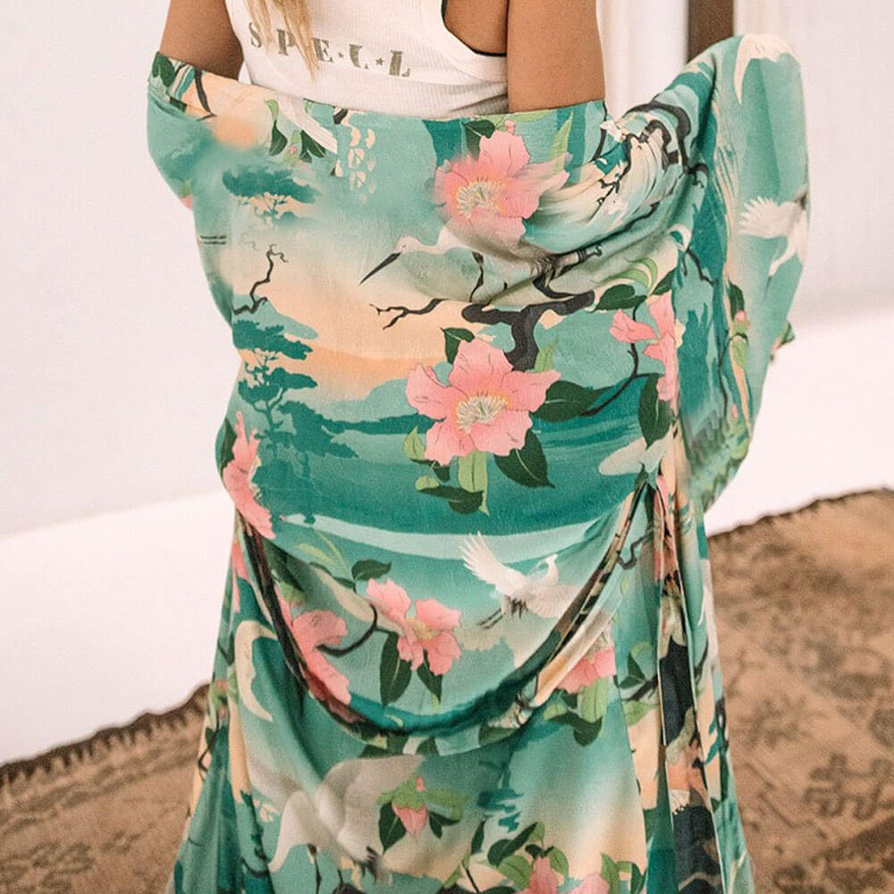 Flowy Belted Floral Print Sleeved Maxi Brazilian Beach Cover Up