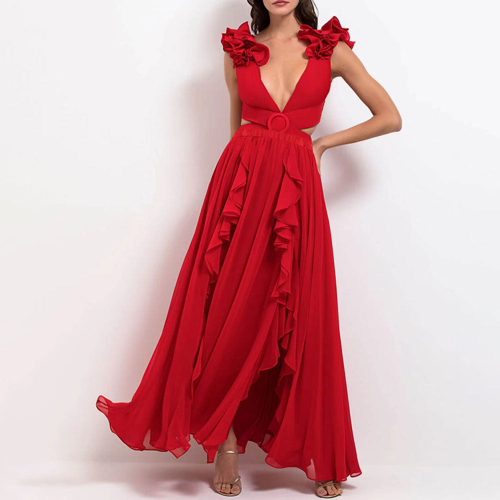 Flowy High Waist A Line High Split Ruffle Maxi Cover Up Skirt