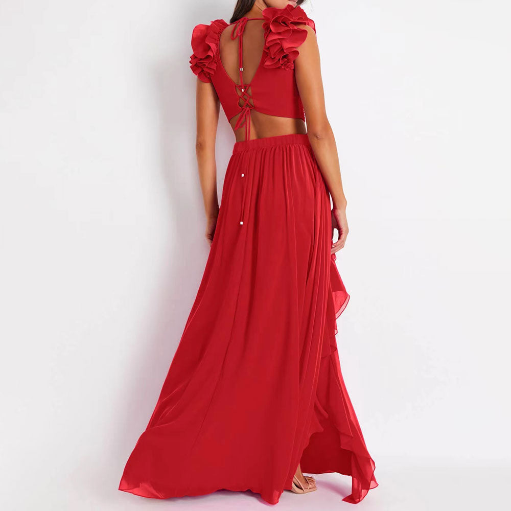 Flowy High Waist A Line High Split Ruffle Maxi Cover Up Skirt