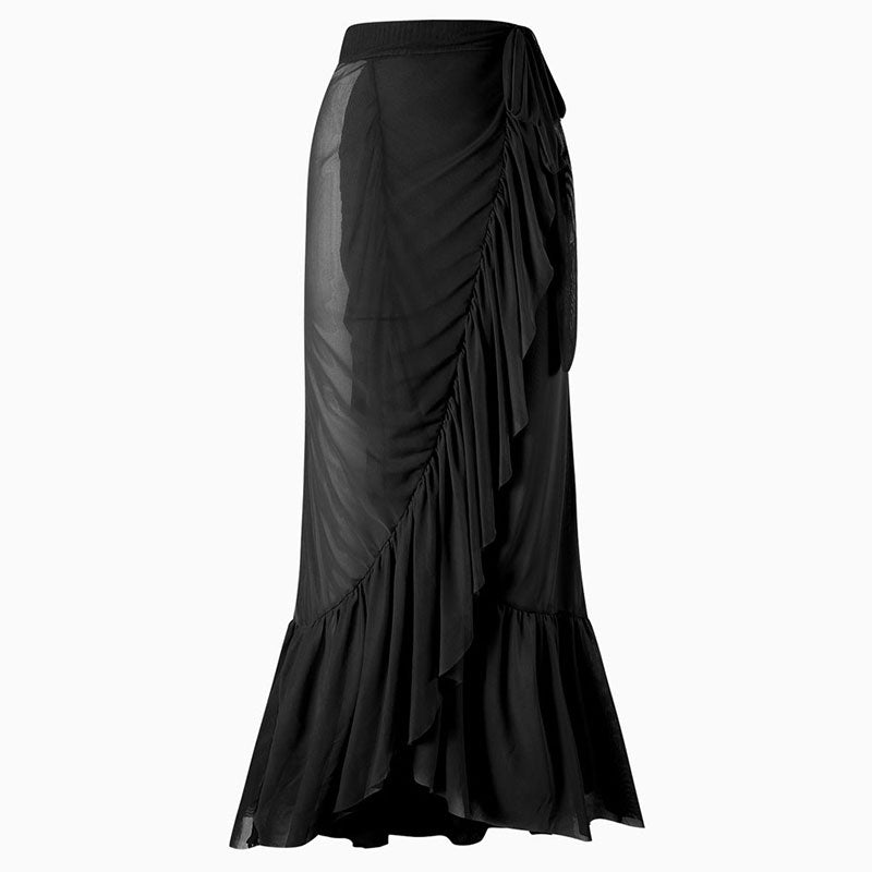 Fließendes Maxi-Wickelkleid mit hoher Taille und Fliege und Netzrüschen im Meerjungfrauen-Stil, Sarong-Überzug