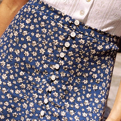 French Floral Print Ruffle Split Button Up Mini Skirt - Blue