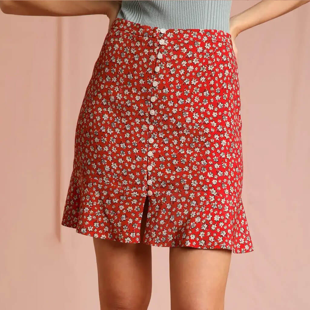 French Floral Print Ruffle Split Button Up Mini Skirt - Red