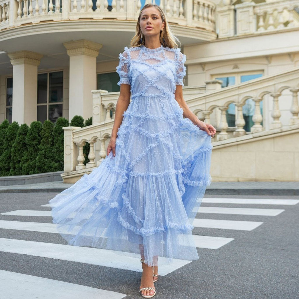 Vestido largo de tul con volantes, manga corta, corte A, estilo francés, con lunares y capas