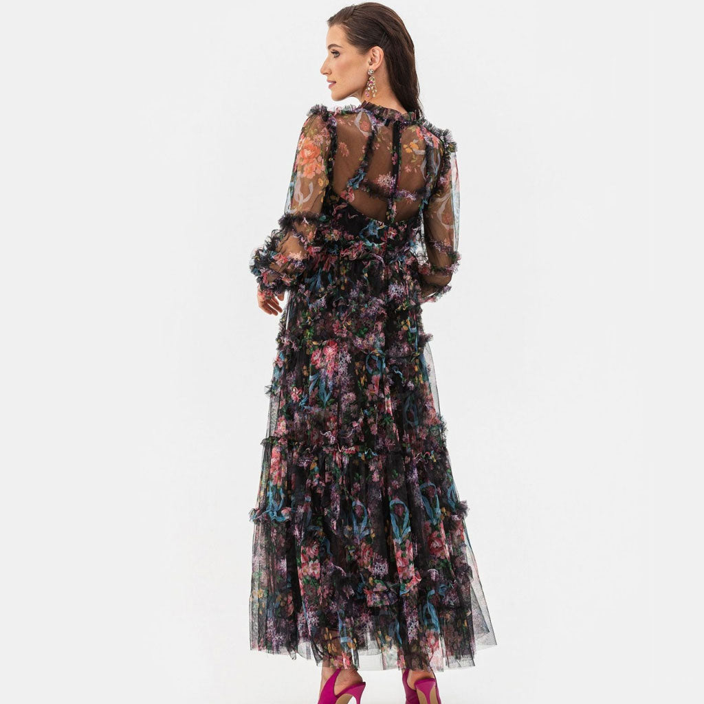 French Style High Neck Bishop Sleeve A Line Ruffle Tiered Floral Tulle Maxi Dress