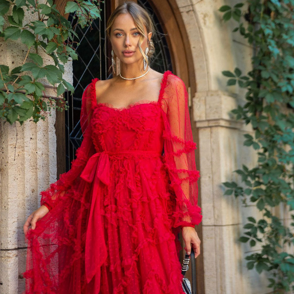 French Style Sweetheart Neck Bishop Sleeve A Line Ruffle Tiered Dotted Tulle Maxi Dress