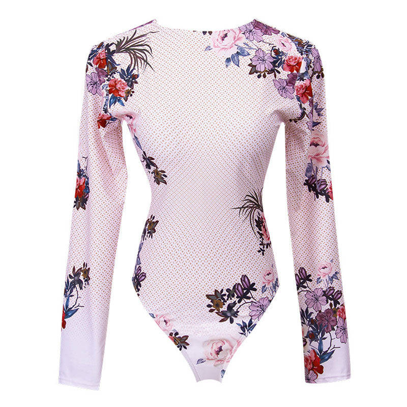 Fresh Floral Print Long Sleeve Zip Back Rash Guard One Piece Swimsuit