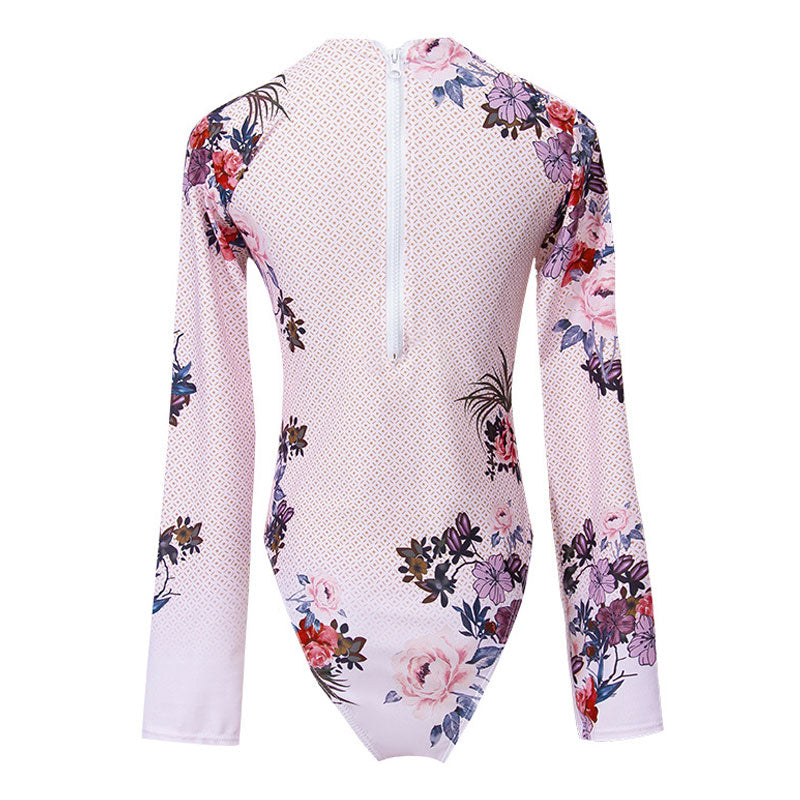 Fresh Floral Print Long Sleeve Zip Back Rash Guard One Piece Swimsuit