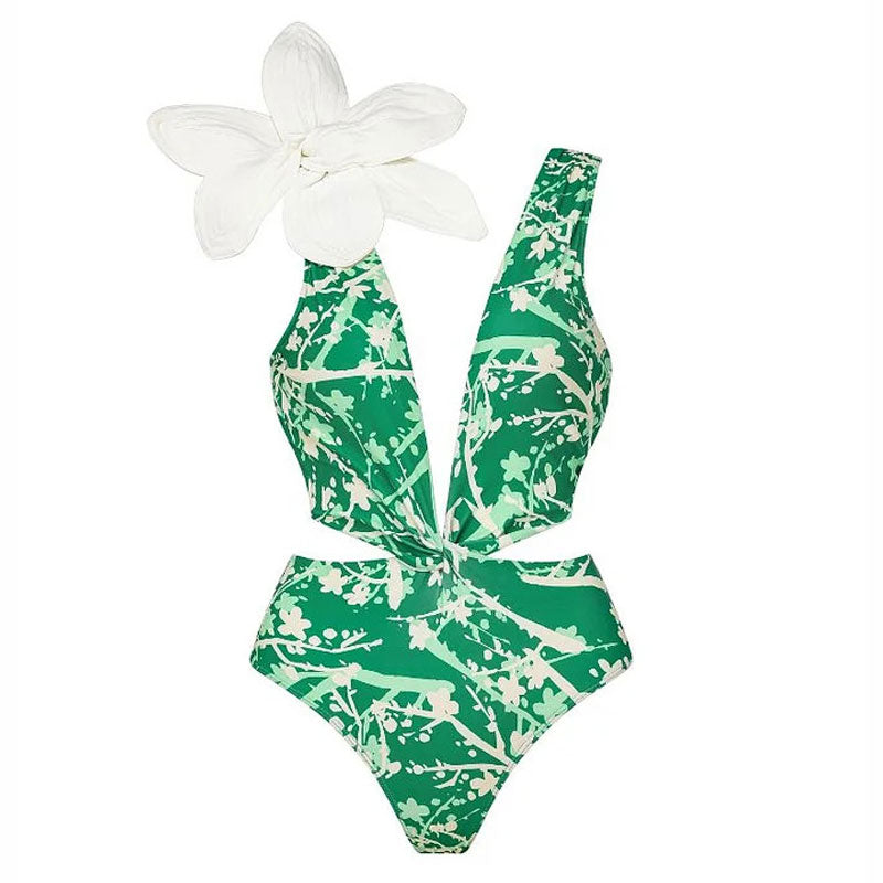 Fresh Floral Print Twist Cutout 3D Floral Deep V Neck Brazilian One Piece Swimsuit