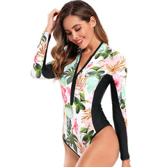 Traje de baño de una pieza con protección contra erupciones de manga larga tropical fresco