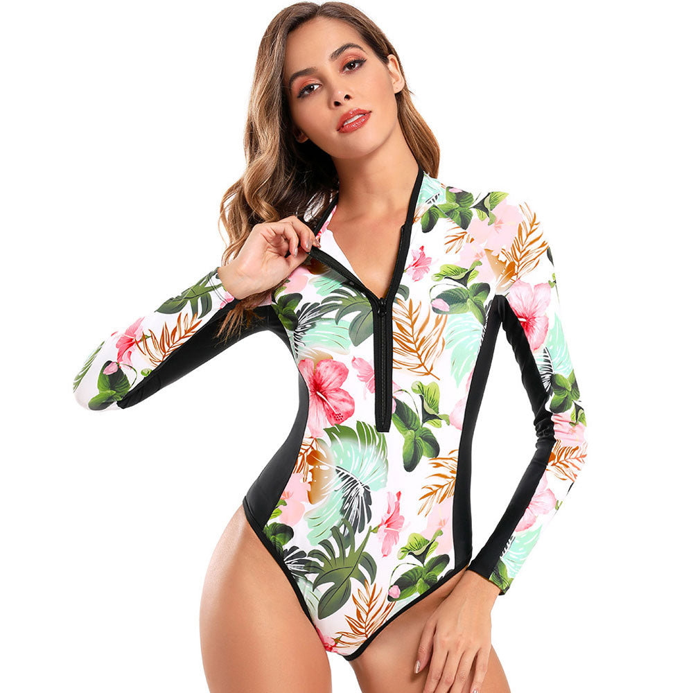 Fresh Tropical Long Sleeve Rash Guard One Piece Swimsuit