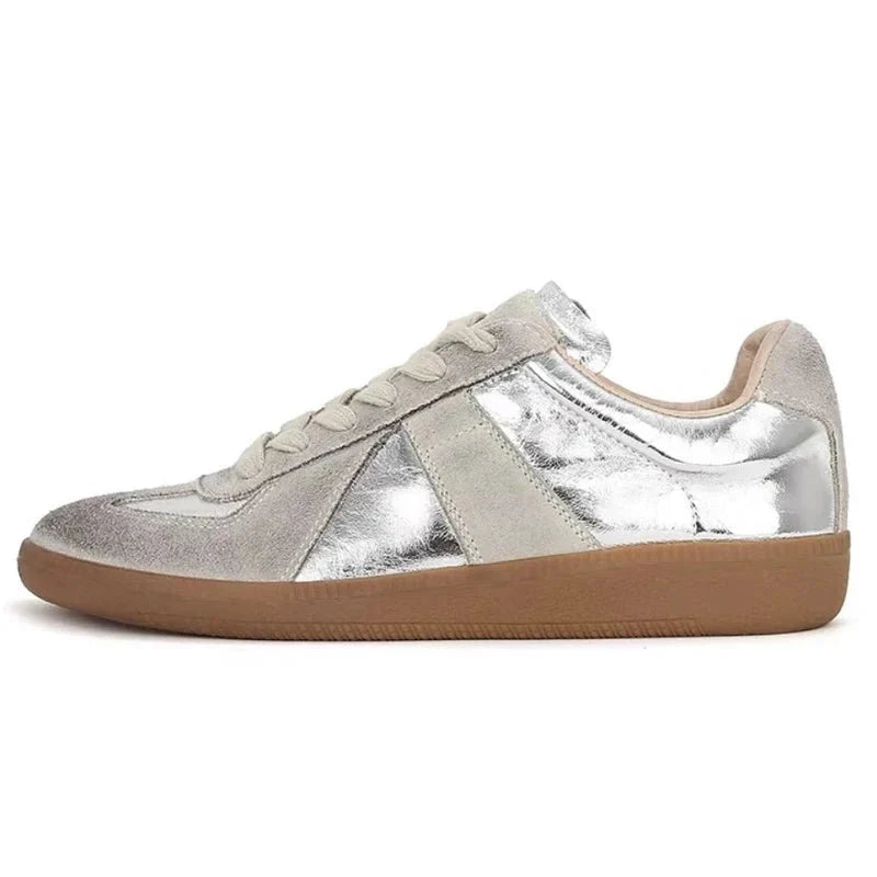 Lässige silberne Sneakers aus echtem Leder für Damen – flache Schnürschuhe