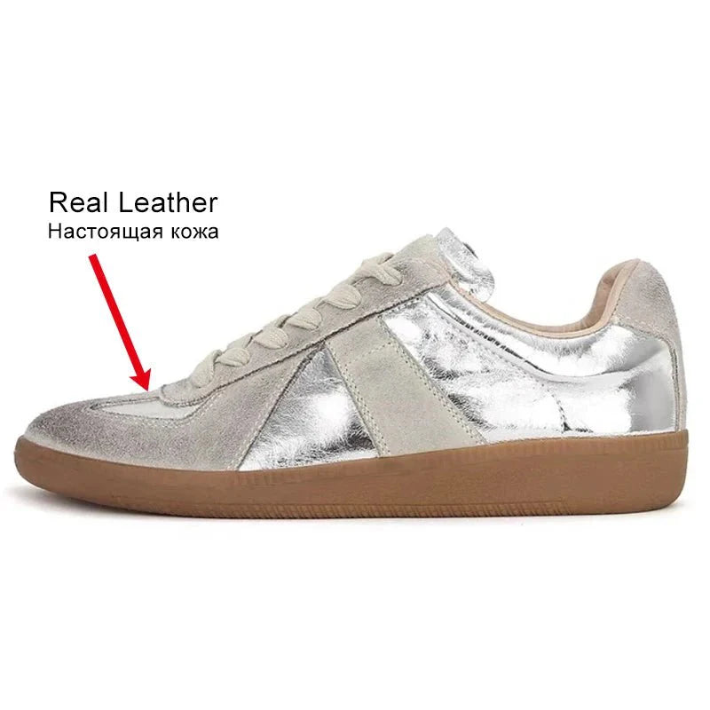 Lässige silberne Sneakers aus echtem Leder für Damen – flache Schnürschuhe