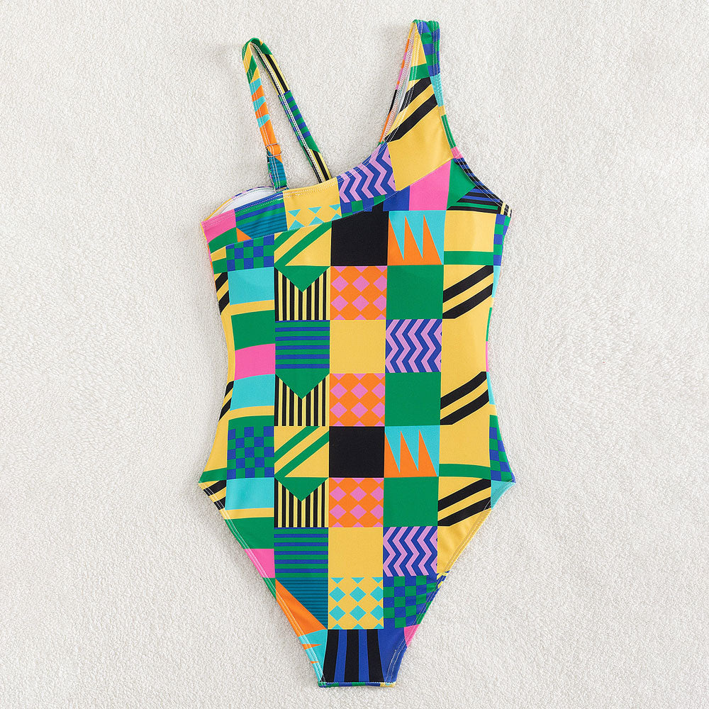 Geometric Color Panel Moderate O Ring Cutout Brazilian One Piece Swimsuit