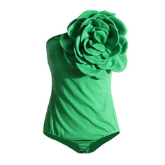 Giant Rosette Applique One Shoulder Solid Color Sleeveless Bodysuit