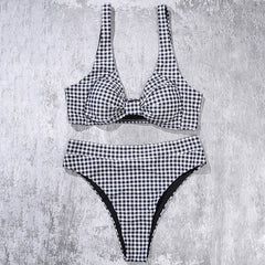 Gingham High Waist High Cut Knotted Brazilian Two Piece Bikini Swimsuit