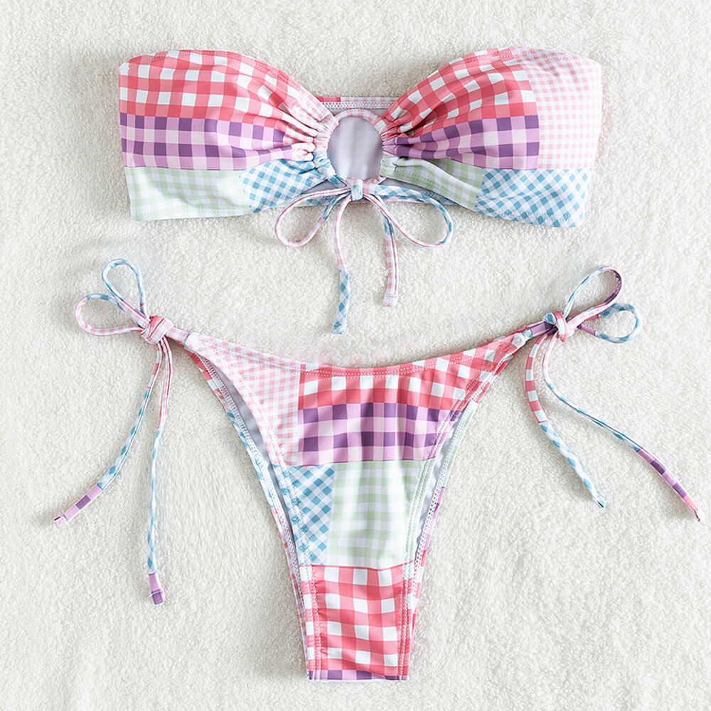 Brasilianischer zweiteiliger Bikini-Badeanzug mit Gingham-Patchwork-Muster und Schnürung