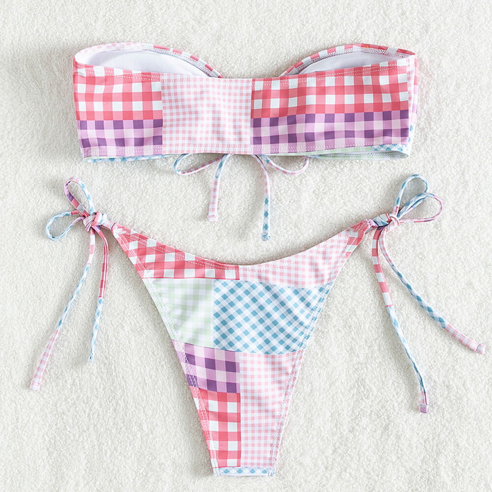 Brasilianischer zweiteiliger Bikini-Badeanzug mit Gingham-Patchwork-Muster und Schnürung