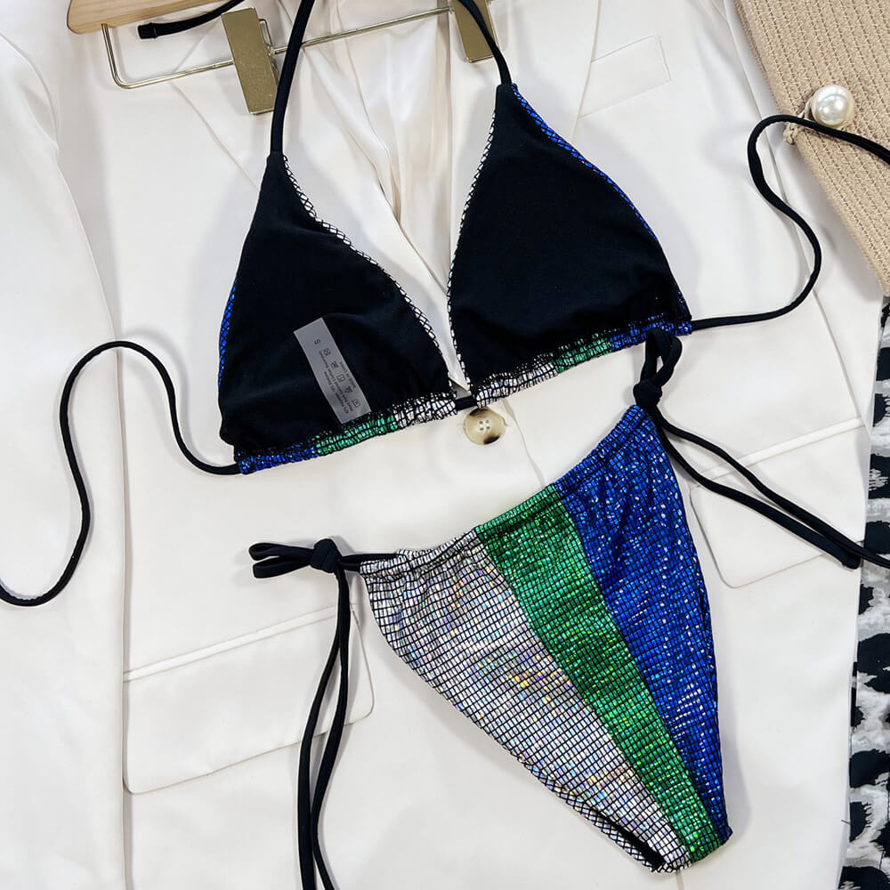 Brasilianischer zweiteiliger Bikini-Badeanzug mit glitzerndem Farbpanel und Gingham-Muster