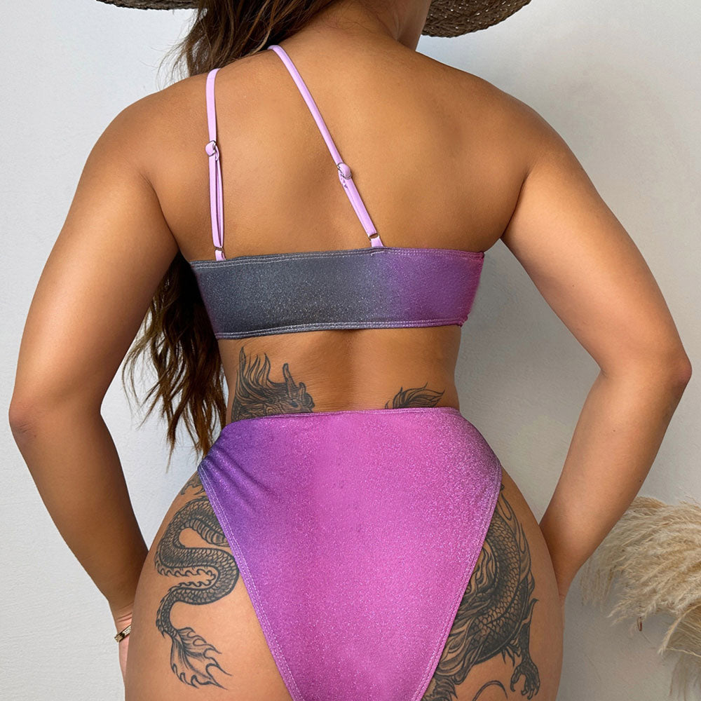 Traje de baño bikini brasileño de dos piezas con cintura alta, un hombro y pierna alta con lúrex y purpurina ombré