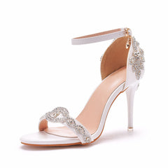 Glitter Rhinestone Embellished Ankle Strap High Heel Sandals - White