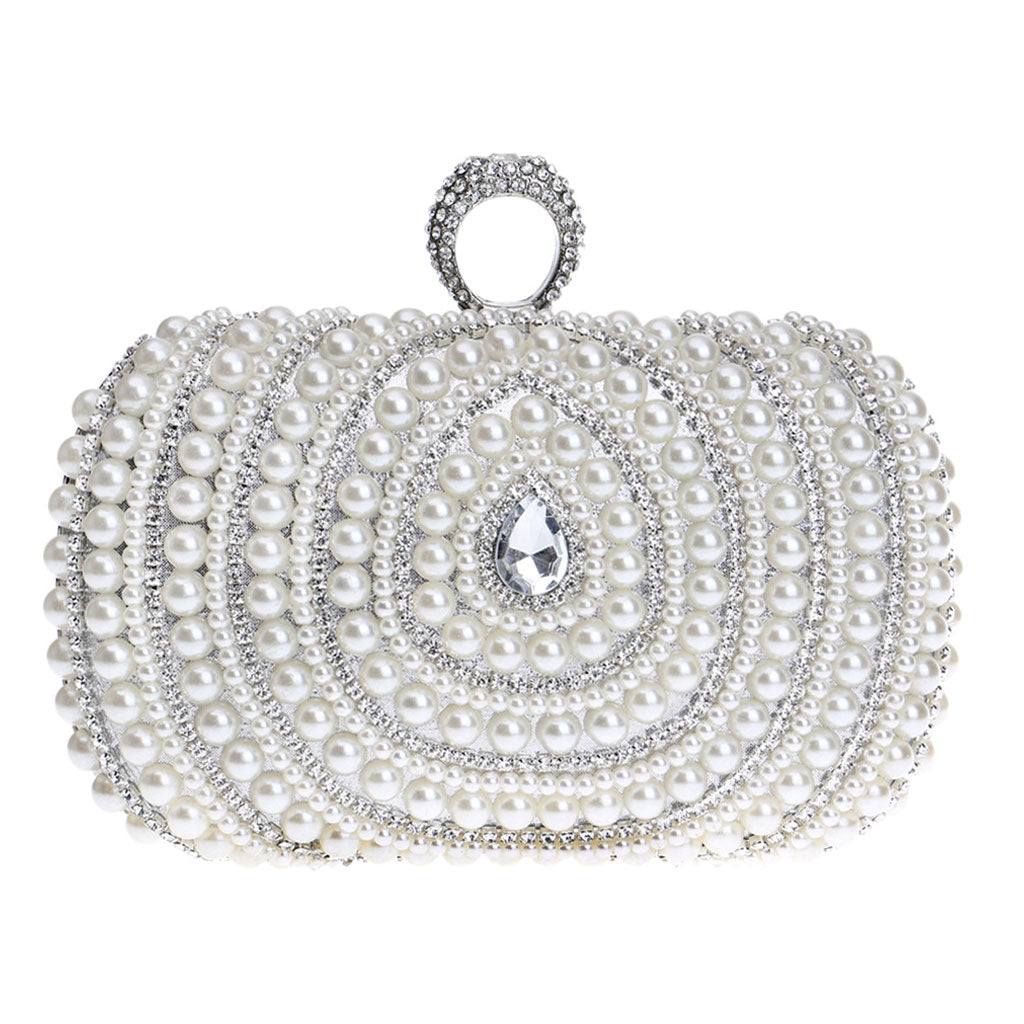 Bolso de mano con asa superior de perlas y adornos de diamantes de imitación brillantes - Plateado