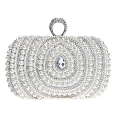 Glitter Rhinestone Embellished Top Handle Pearl Pouch Clutch - Silver