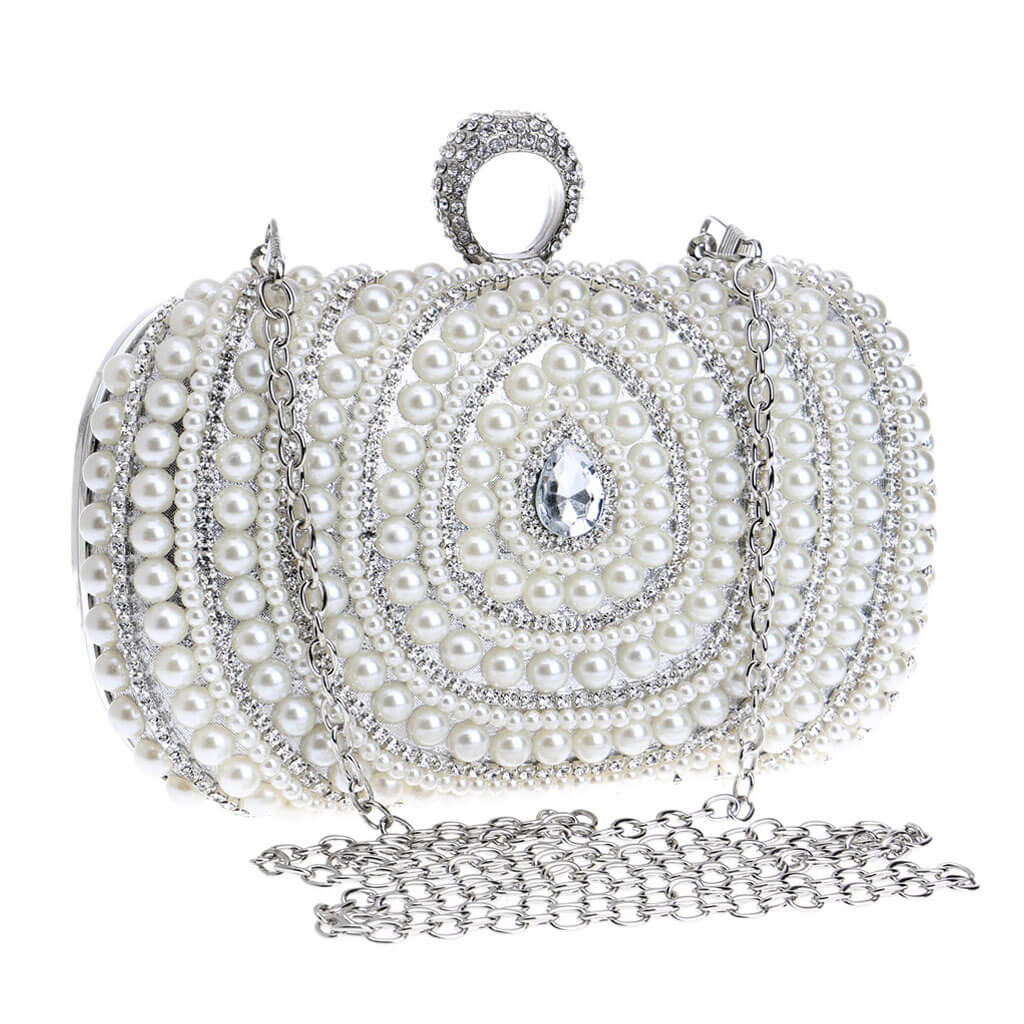 Bolso de mano con asa superior de perlas y adornos de diamantes de imitación brillantes - Plateado