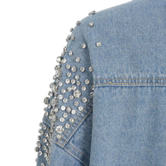 Glittering Rhinestone Long Sleeve Collared Button Front Oversized Denim Shirt