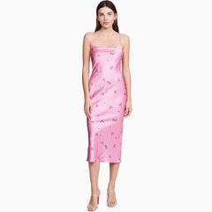 Vestido midi de satén con espalda descubierta y estampado floral brillante - Rosa