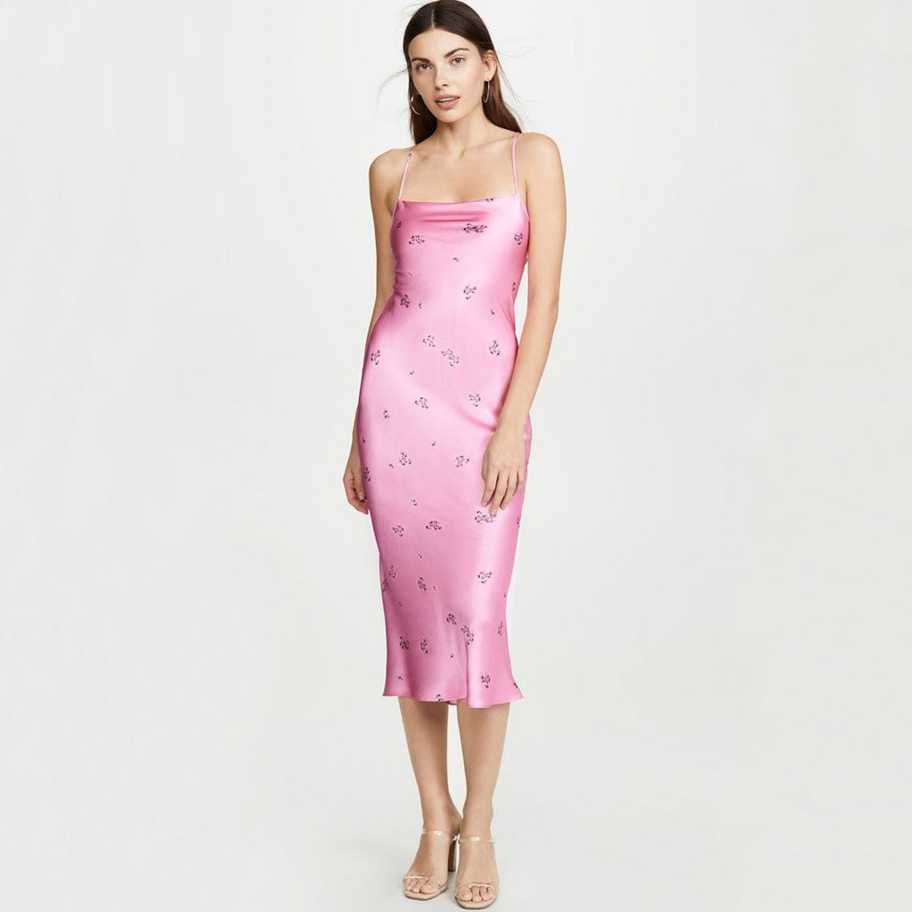 Vestido midi de satén con espalda descubierta y estampado floral brillante - Rosa