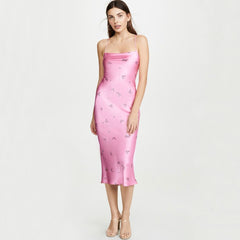 Vestido midi de satén con espalda descubierta y estampado floral brillante - Rosa