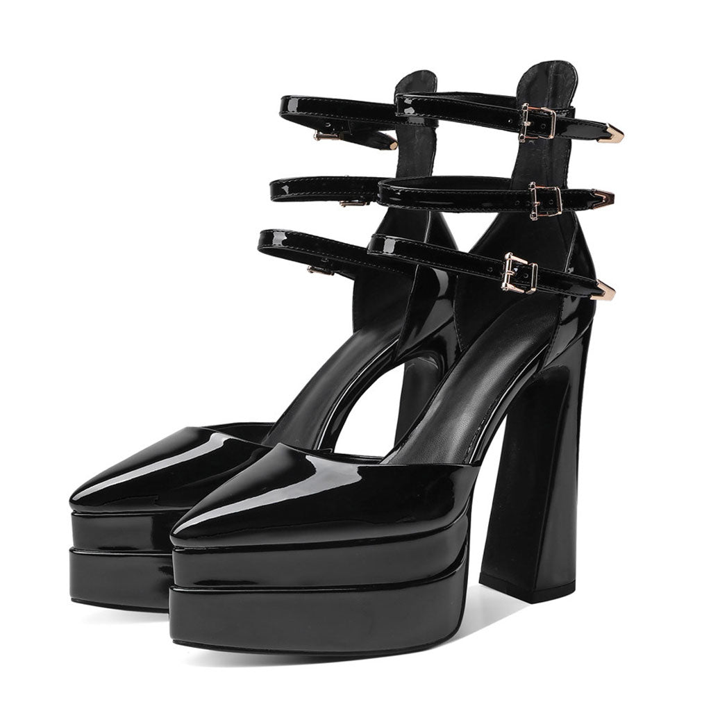 Glossy Pointed Toe Platform Block Heel Ankle Strap Pumps - Black