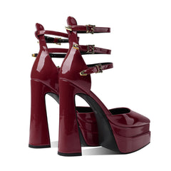 Glossy Pointed Toe Platform Block Heel Ankle Strap Pumps - Burgundy