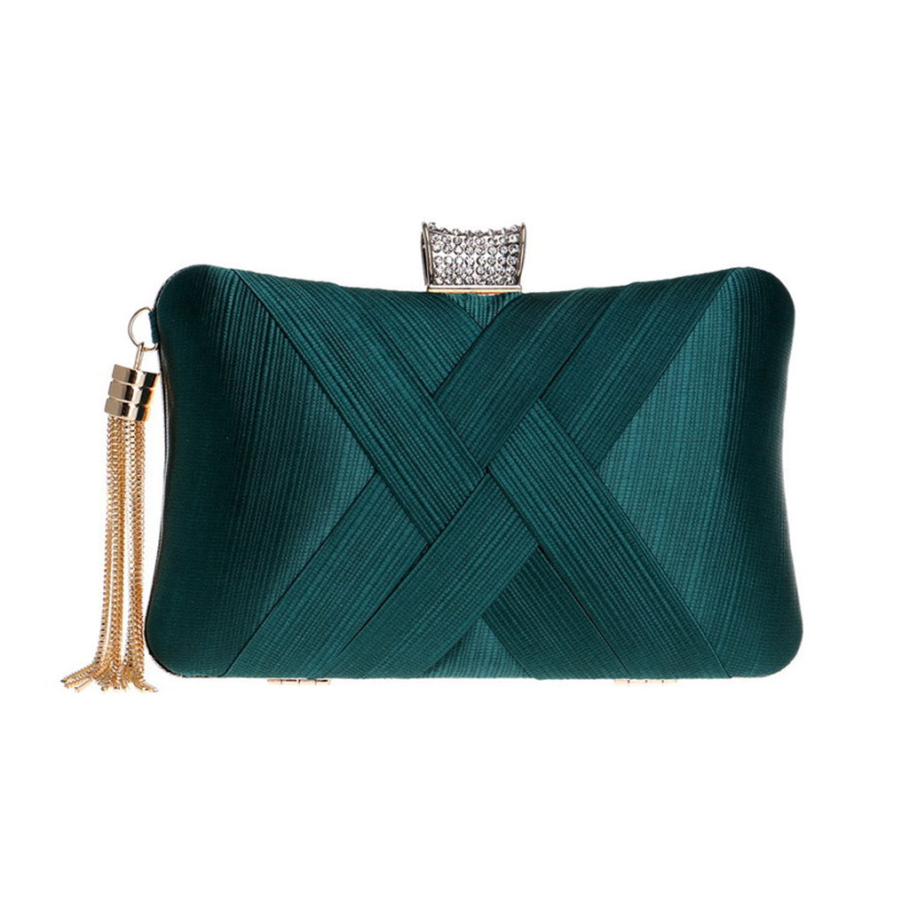 Clutch de satén trenzado con flecos y adornos de diamantes de imitación brillantes - Verde esmeralda