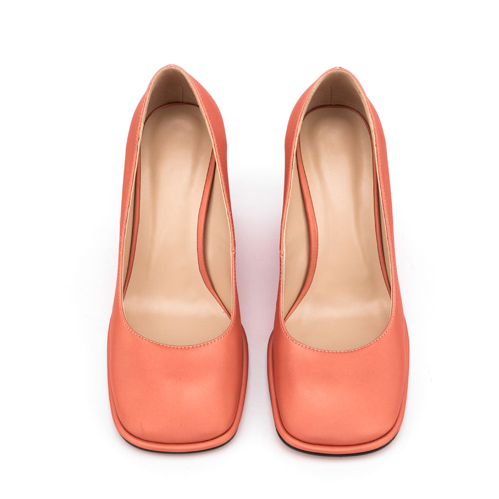 Glossy Satin Square Toe Geometric Heeled Pumps - Coral