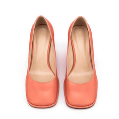 Glossy Satin Square Toe Geometric Heeled Pumps - Coral